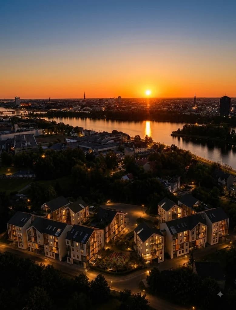 Kvartāls krēslā pie Daugavas, ar iededzinātiem logiem